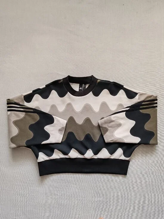 Adidas x Marimekko Laine Wave Print Cropped Sweatshirt - Green/Beige - Size L - Picture 1 of 14